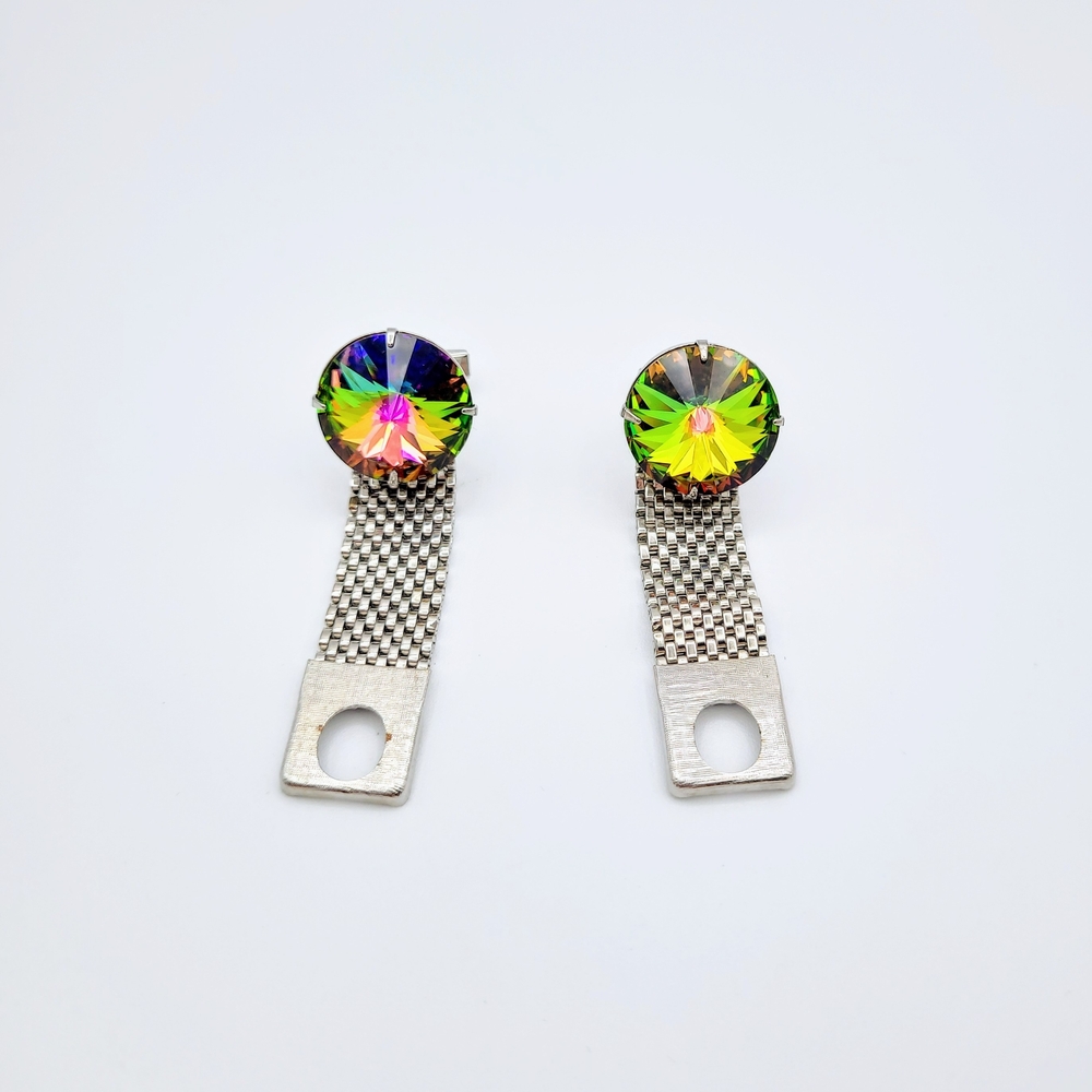 Vintage Rainbow Rivoli Crystal Silver Tone Mesh Cufflinks - Picture 1 of 12